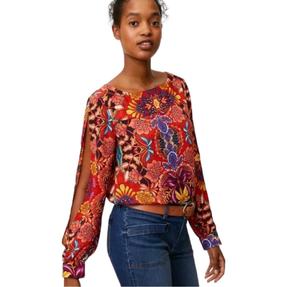 LOFT Fantasy Floral Abstract Split Sleeve Blouse Size Small